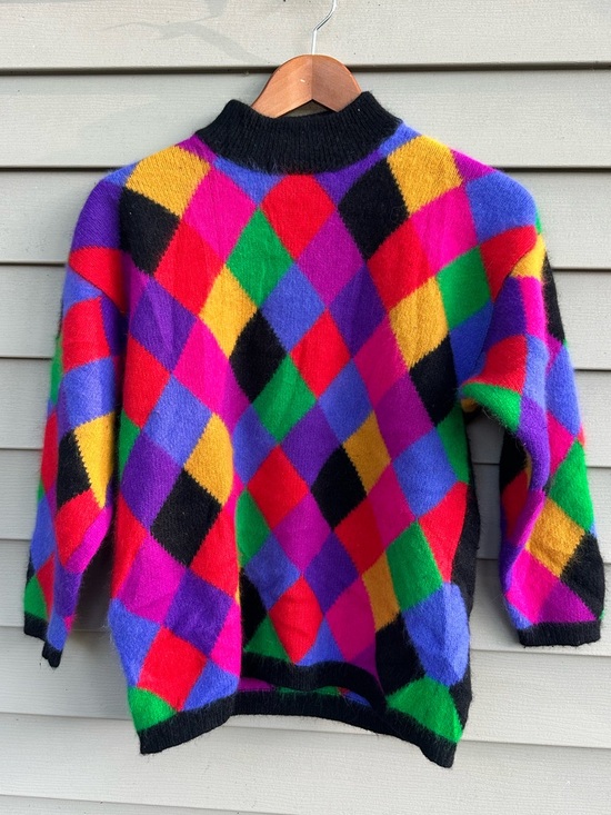 Vintage Sweaters - Angora lambswool blend harlequin sweater 80s bright colors